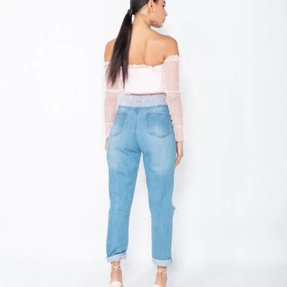 Blue High Waist Distressed Ripped Cuffed Boyfriend Jeans Denim Pants - Picture 6 of 16